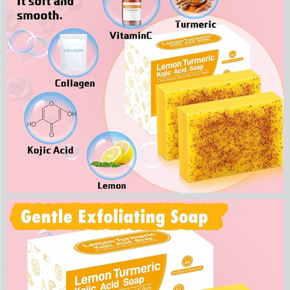 Lemon Turmeric Kojic Acid Soap Bar Vitamin C for Face Body Hands 2 Bars NWT - Picture 6 of 9